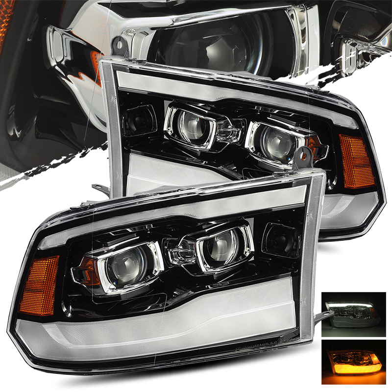 For 09-18 Ram (2019 Style) Glossy Black Projector Headlights Left/Right Assembly