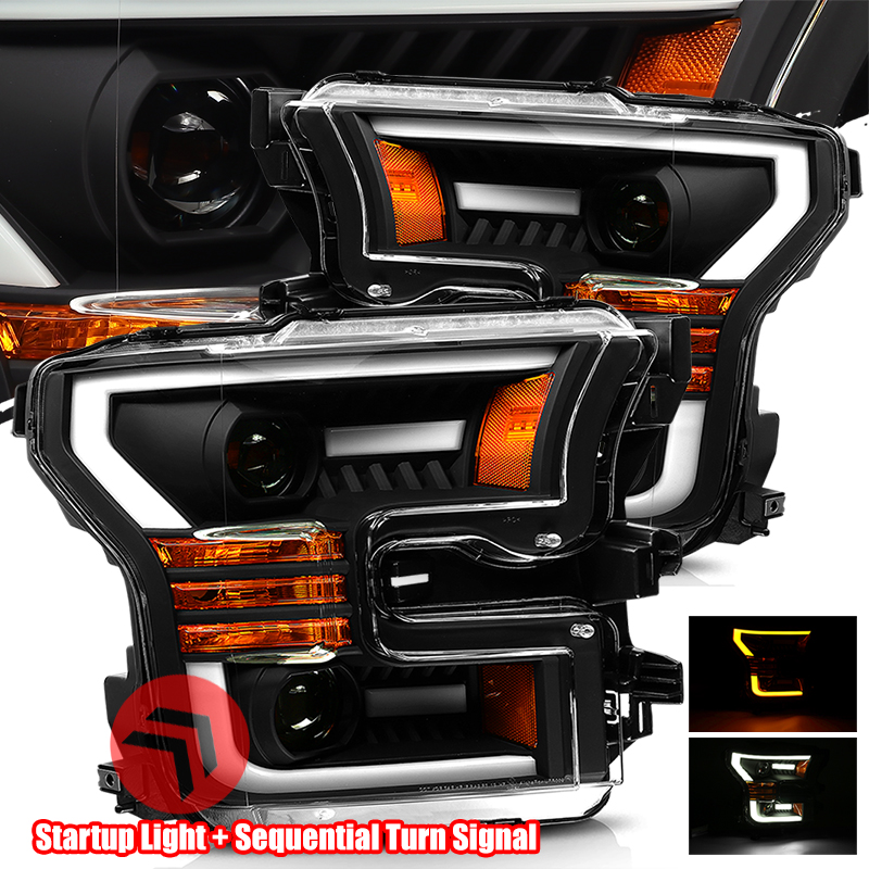 For 15-17 Ford F150 Black Sequential Signal/DRL LED Projector Headlights LH/RH