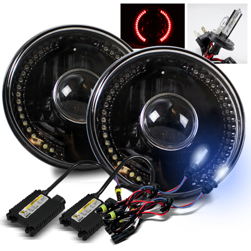 7" Round Black Housing Glass Lens Red LED Projector Headlights/8000K H4-2 HID